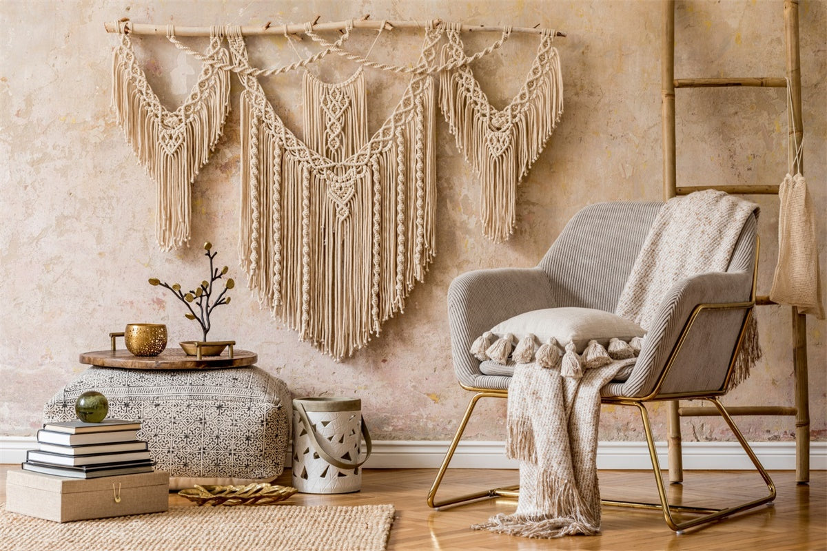 Bohème-Hintergrund Natürliche Makramee Beige Texturen Hintergrund GQ2-10