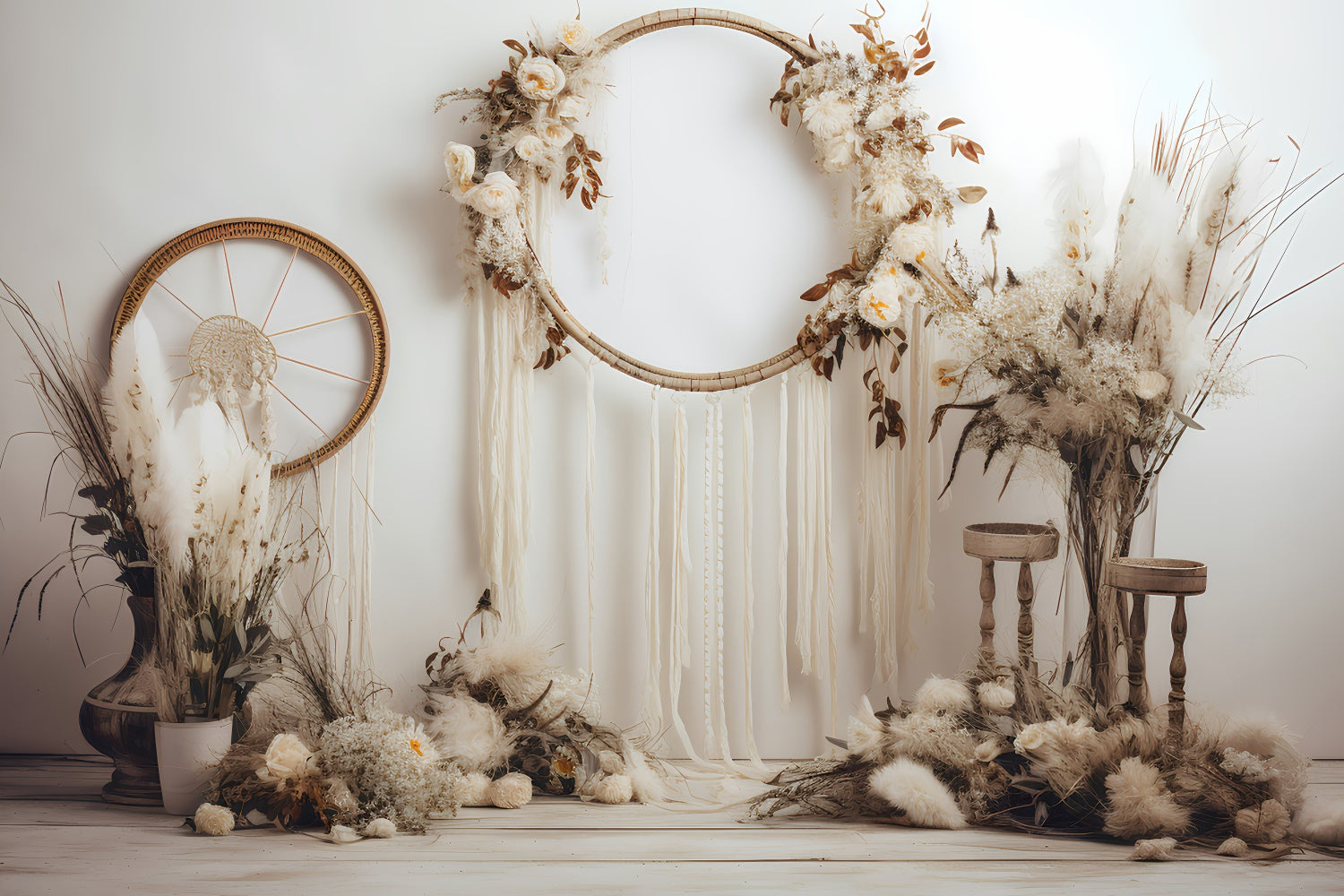 Bohemian Backdrop Weiches Elfenbein Traumfänger Pampas Hintergrund GQ2-13