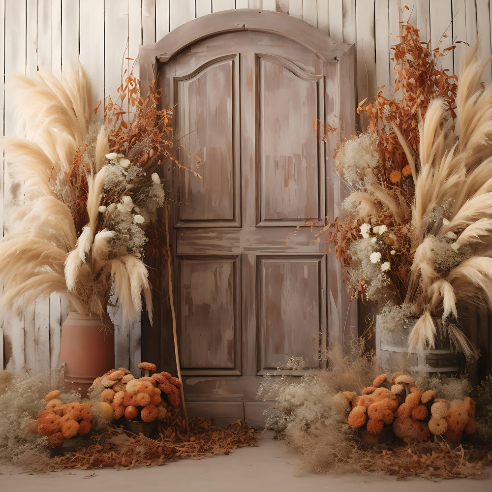 Boho Backdrop Ideen Rustikale Holztür Blumen Hintergrund GQ2-14