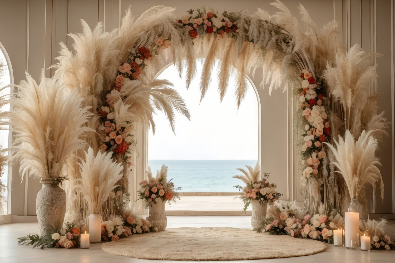 Boho-Bogen-Hintergrund Elegantes Pampas-Rosen-Bogen-Hintergrundbild GQ2-16