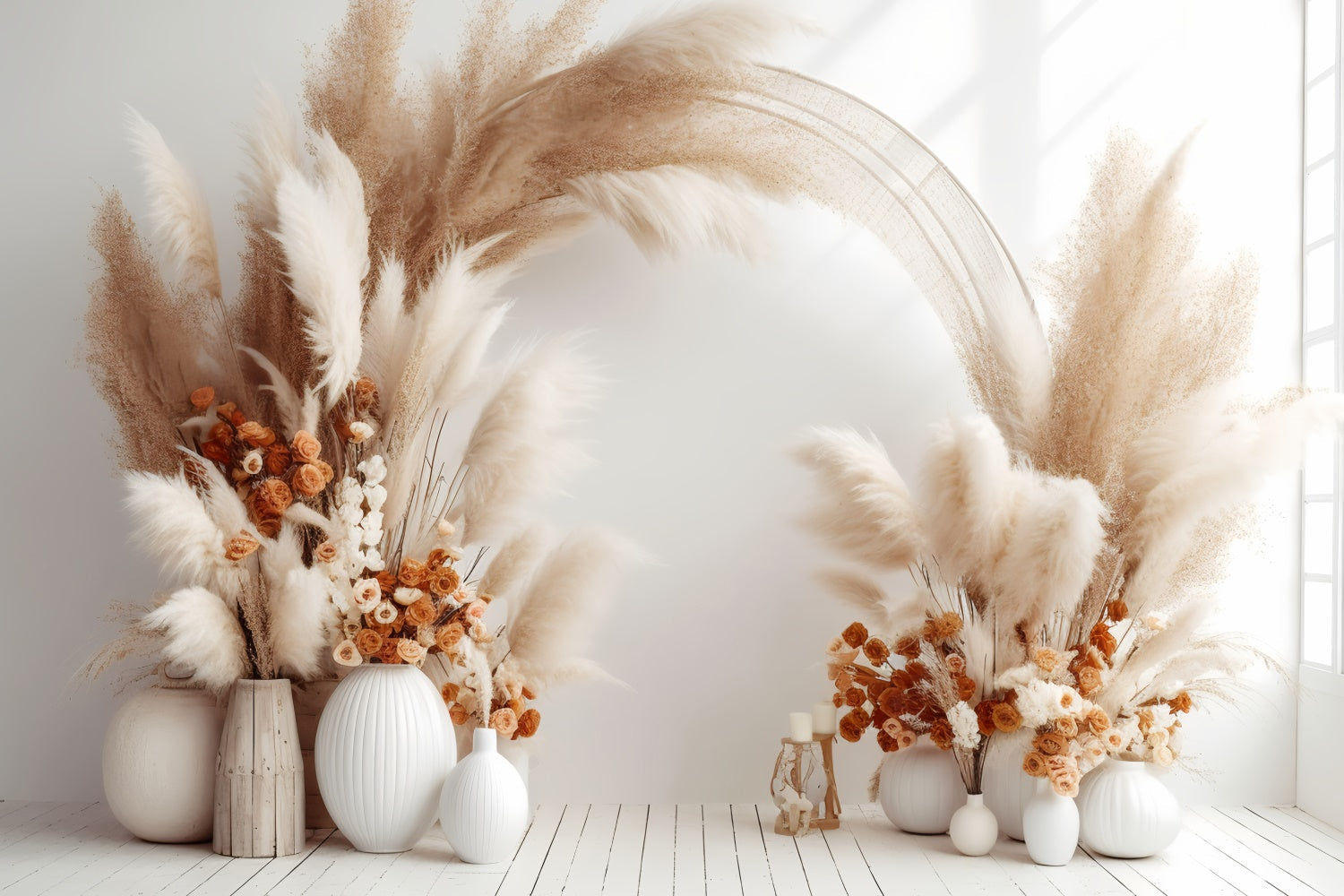 Boho Bogen Hintergrundkulisse Soft Tan Floral Weiß Vasen Hintergrund GQ2-2