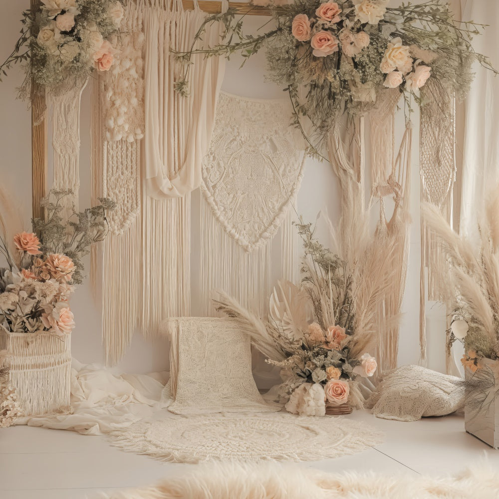 Boho Fotohintergrund Verträumter Makramee Rosa Rosen Hintergrund GQ2-21