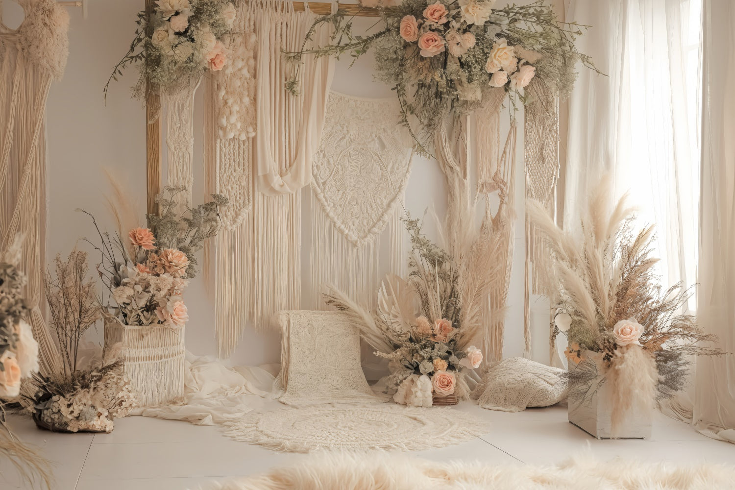 Boho Fotohintergrund Verträumter Makramee Rosa Rosen Hintergrund GQ2-21