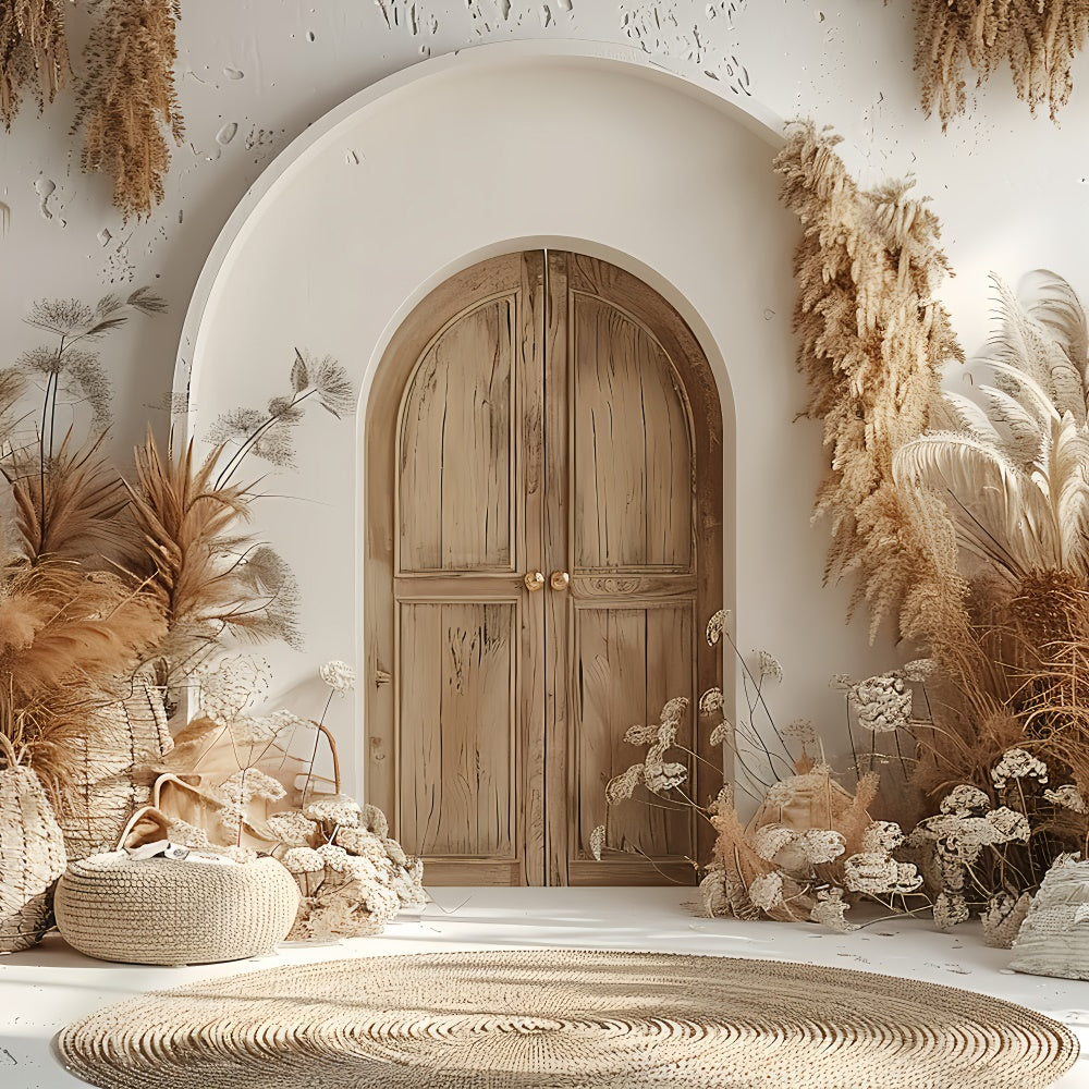 Boho Backdrop Ideen Warm Pampas Holztür Hintergrund GQ2-24