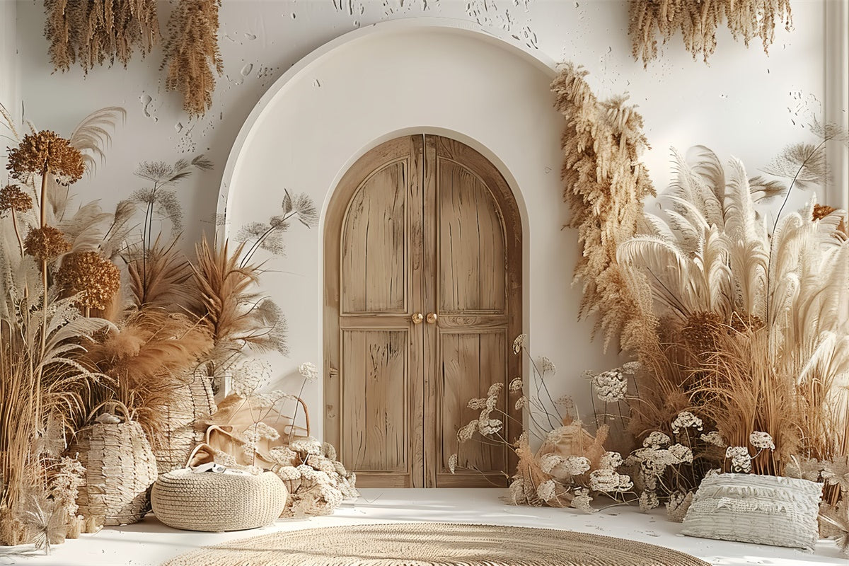 Boho Backdrop Ideen Warm Pampas Holztür Hintergrund GQ2-24