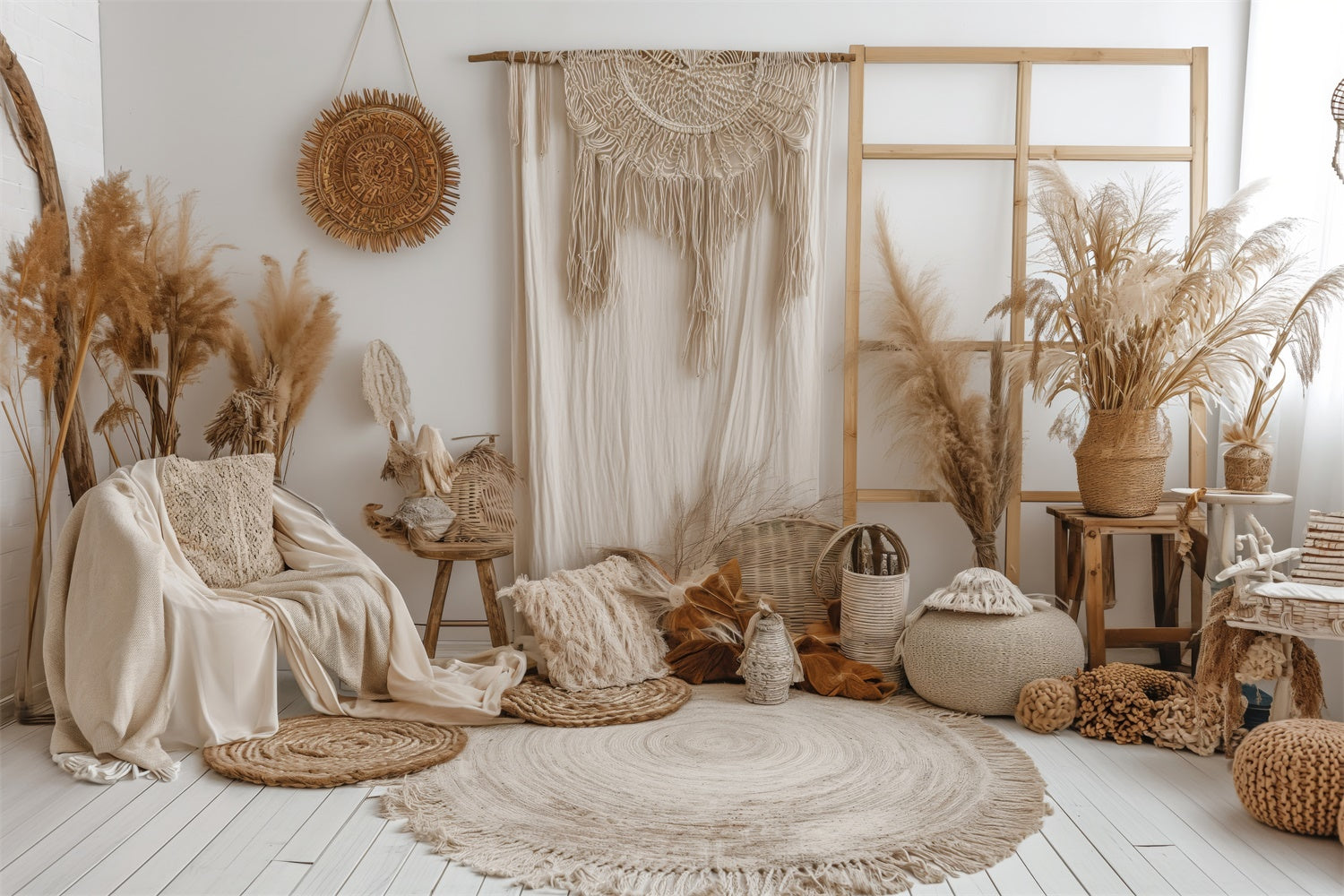 Boho Fotokulisse Weiche Creme Wand Makramee Kulisse GQ2-25