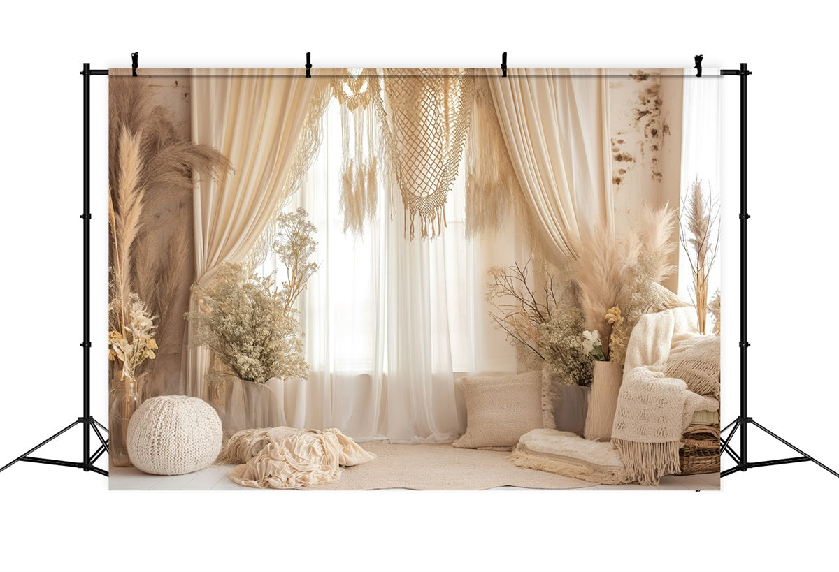 Bohème Fotokulisse Creme Vorhang Beige Makramee Kulisse GQ2-26