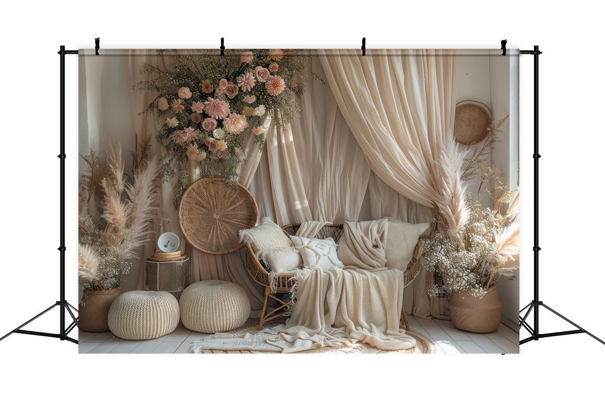 Boho Fotohintergrund Warmes Beige Makramee Verträumter Blumenhintergrund GQ2-29