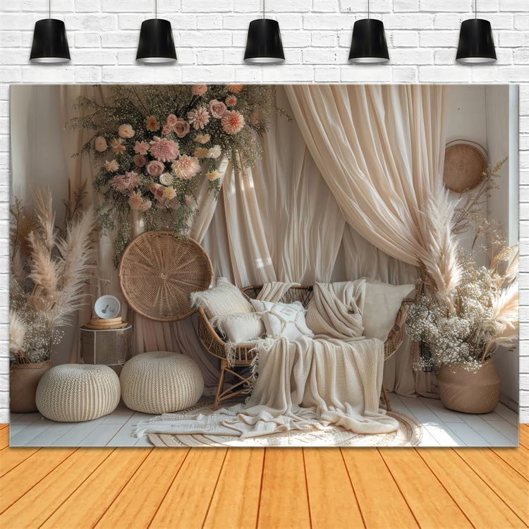 Boho Fotohintergrund Warmes Beige Makramee Verträumter Blumenhintergrund GQ2-29