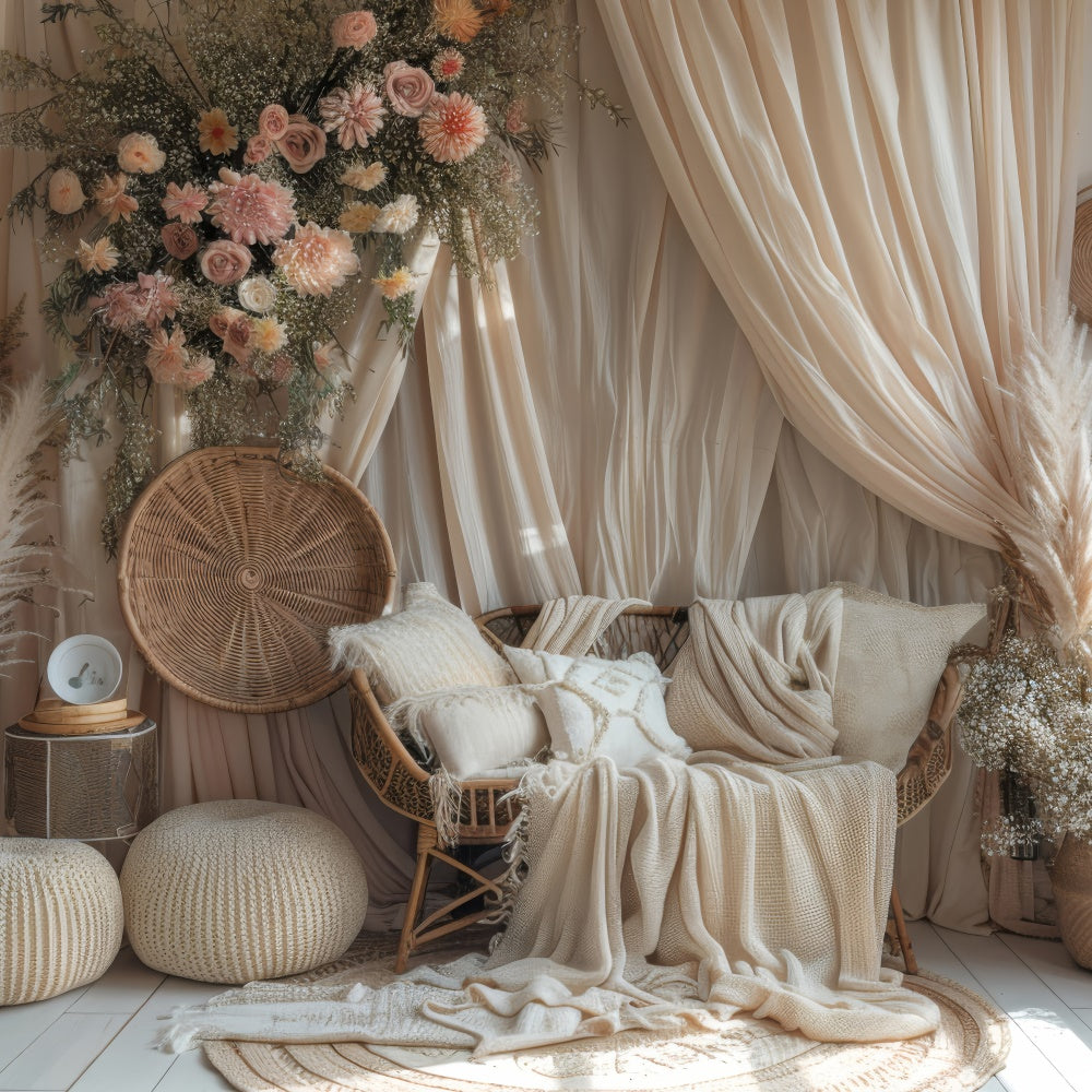 Boho Fotohintergrund Warmes Beige Makramee Verträumter Blumenhintergrund GQ2-29