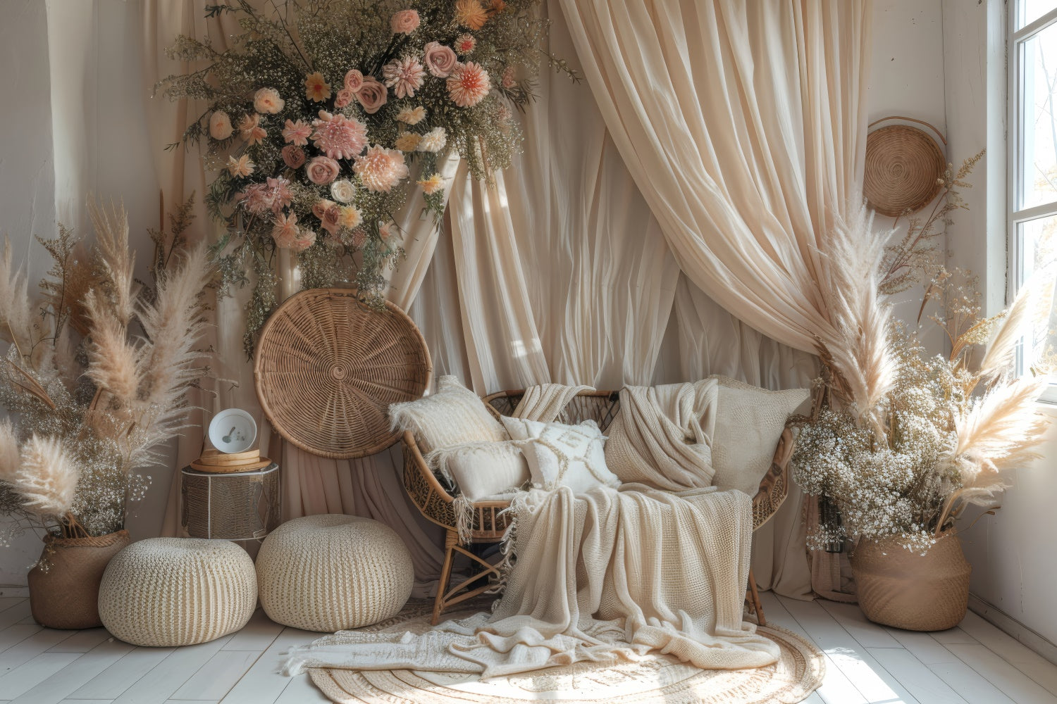 Boho Fotohintergrund Warmes Beige Makramee Verträumter Blumenhintergrund GQ2-29