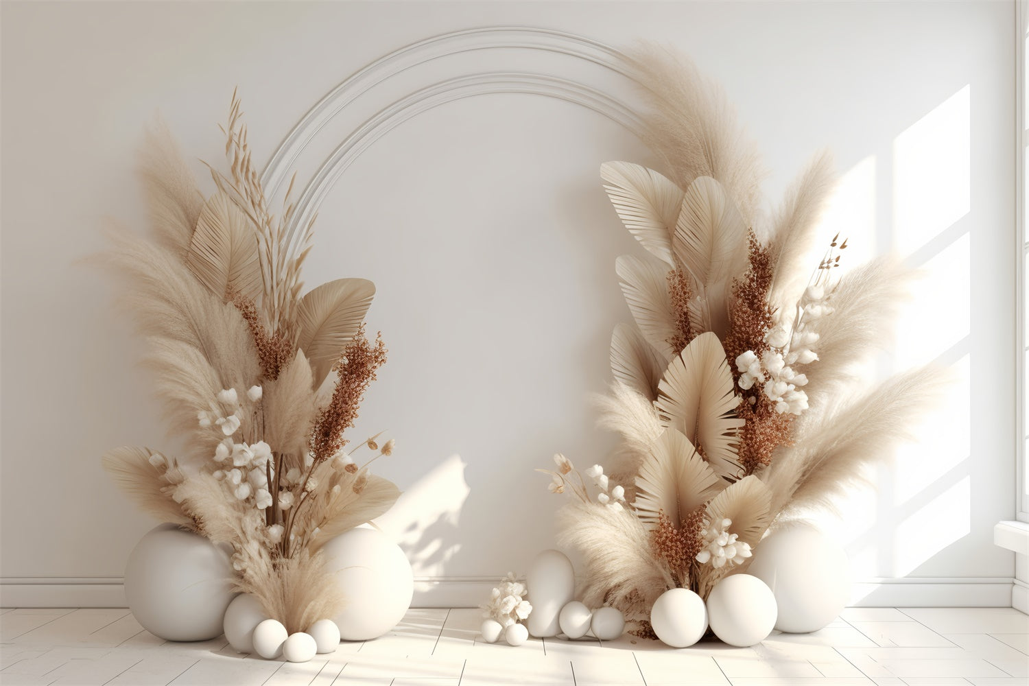 Boho Fotokulisse Ideen Elegant Beige Blumenbogen Kulisse GQ2-3