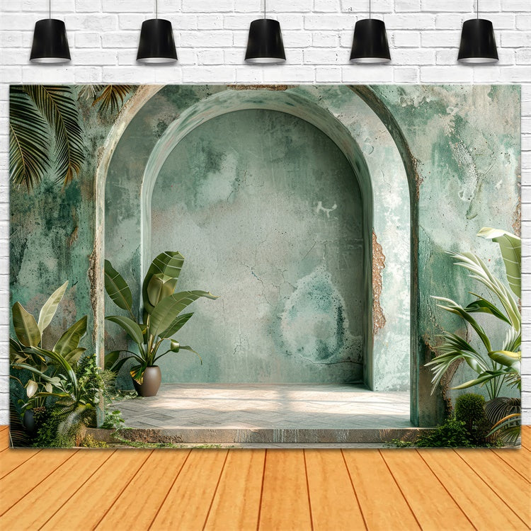Boho Arch Backdrop Grüner Torbogen Tropische Pflanzen Backdrop GQ2-33