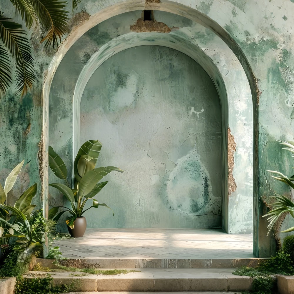 Boho Arch Backdrop Grüner Torbogen Tropische Pflanzen Backdrop GQ2-33