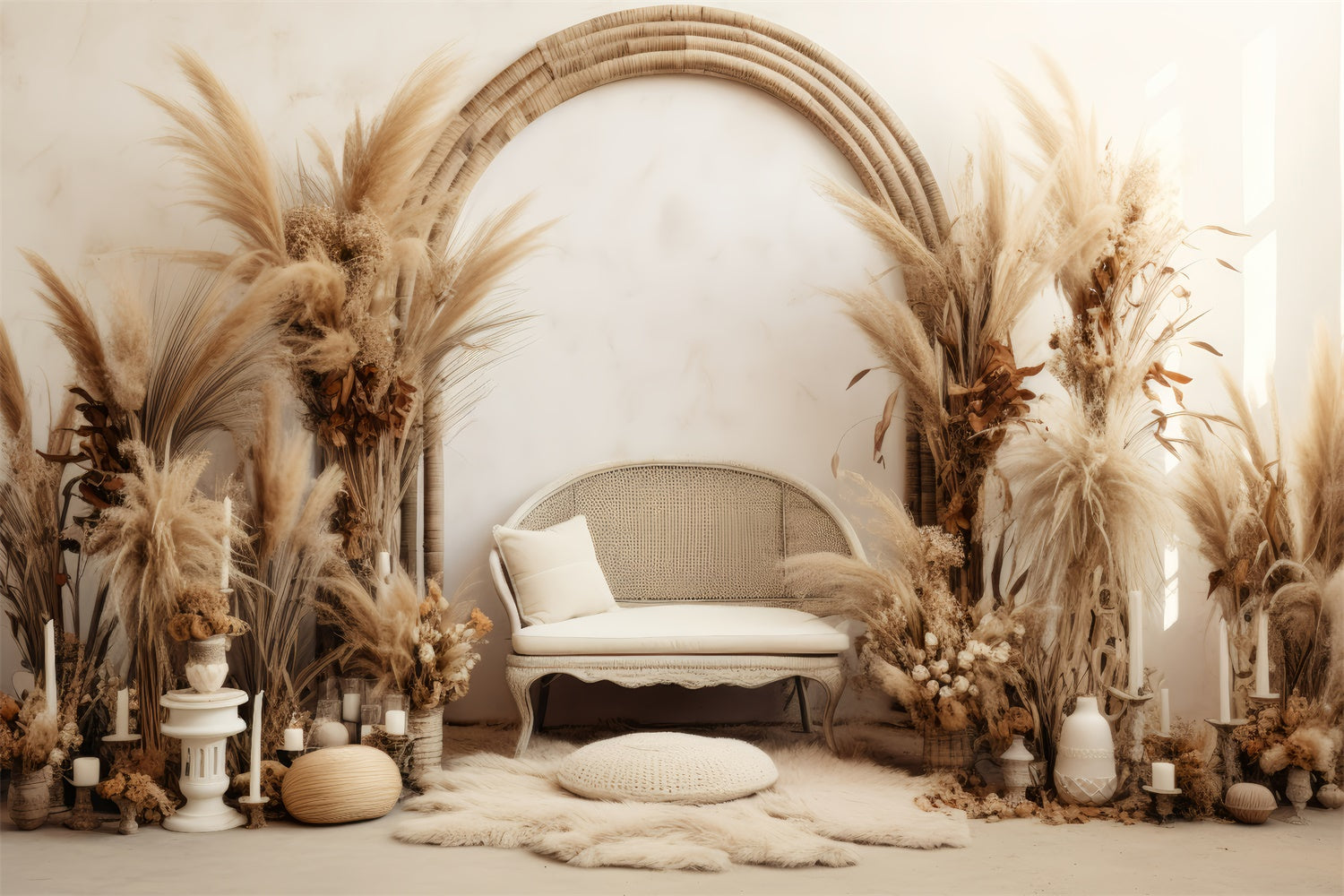 Bohemian Backdrop Vintage-inspirierte Pampas-Kerzen-Hintergrund GQ2-34