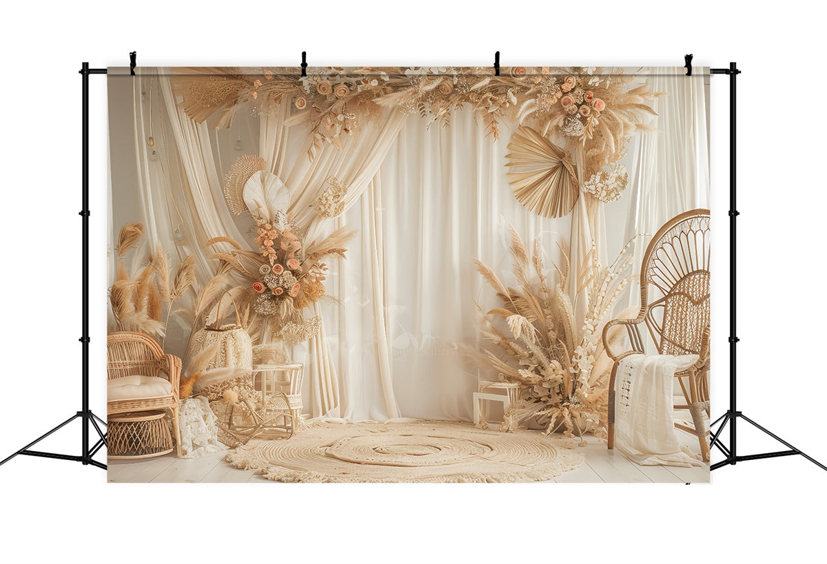 Boho-Fotokulisse Eleganter Rattanstuhl Blumige Kulisse GQ2-38