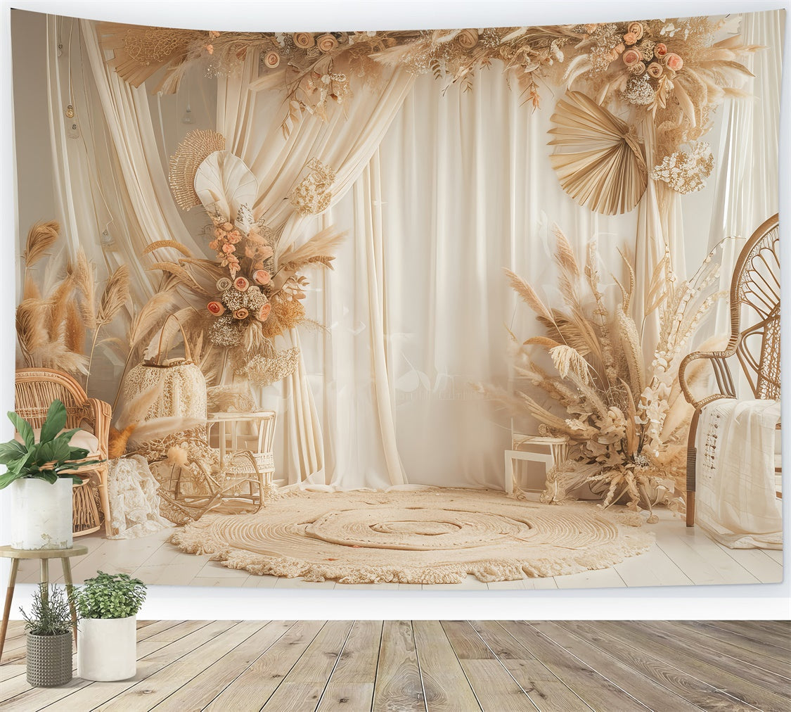 Boho-Fotokulisse Eleganter Rattanstuhl Blumige Kulisse GQ2-38