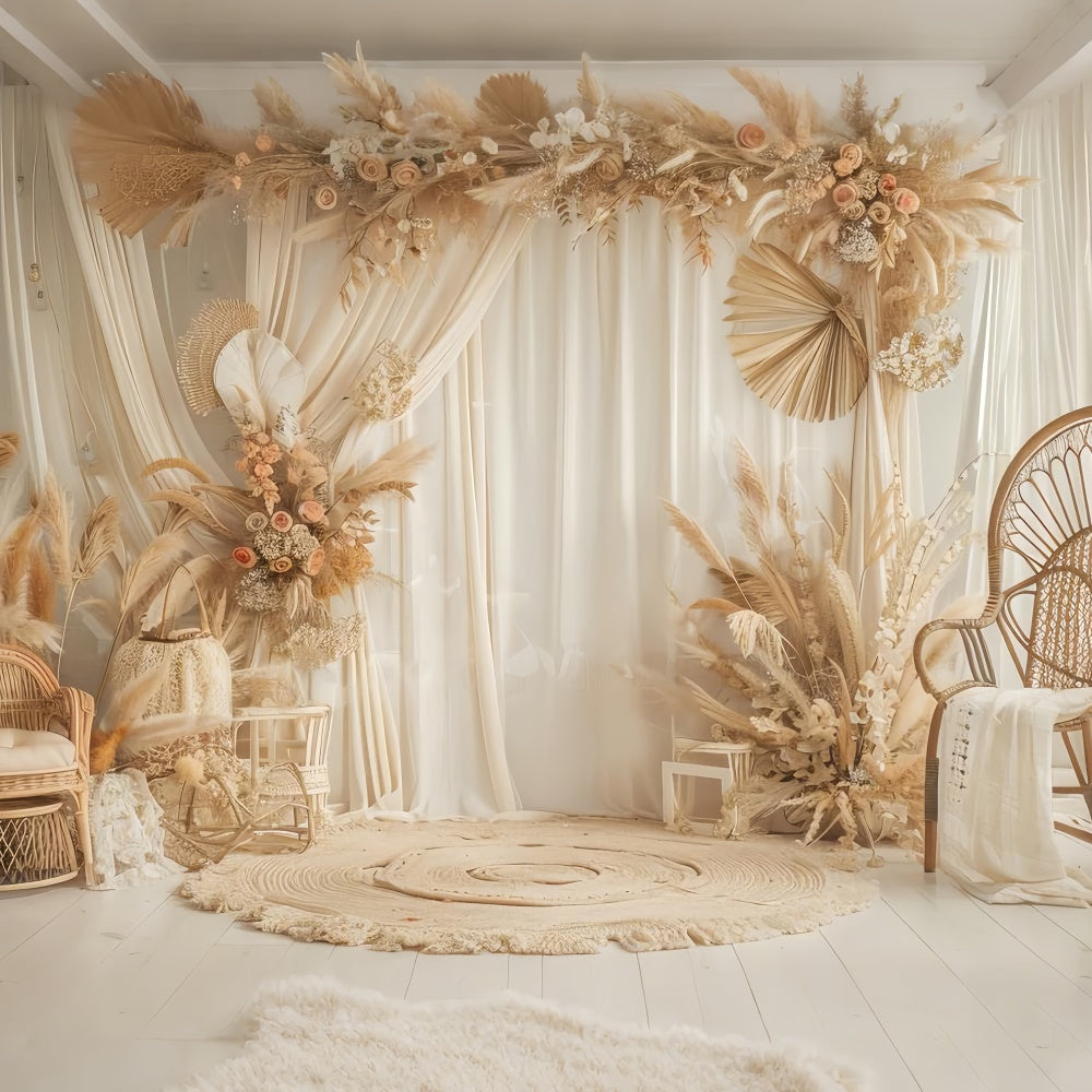 Boho-Fotokulisse Eleganter Rattanstuhl Blumige Kulisse GQ2-38