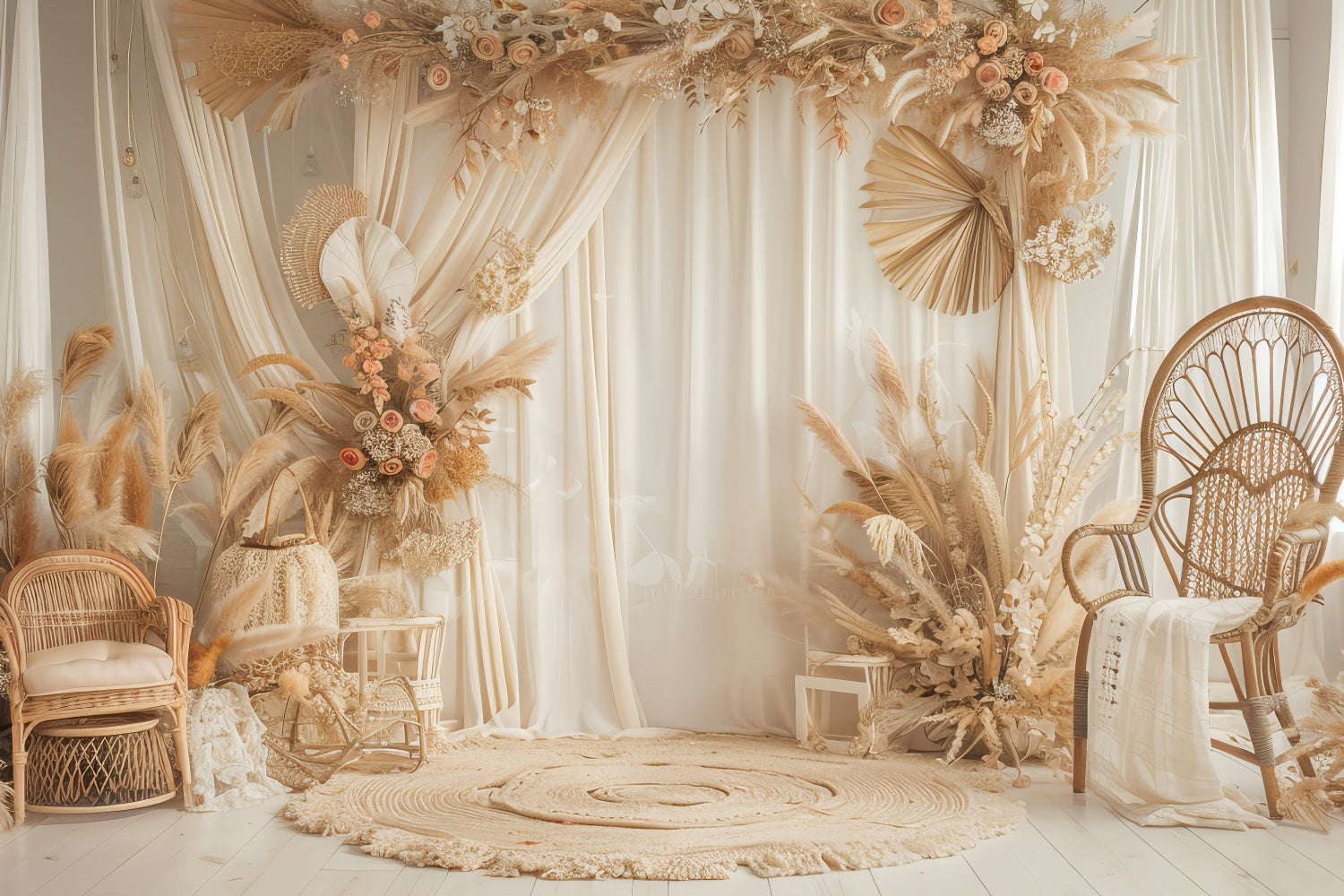 Boho-Fotokulisse Eleganter Rattanstuhl Blumige Kulisse GQ2-38
