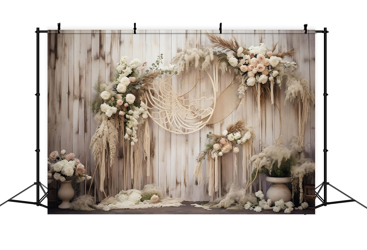 Boho Fotohintergrund Rustikaler Blumenbogen aus Holz Hintergrund GQ2-4