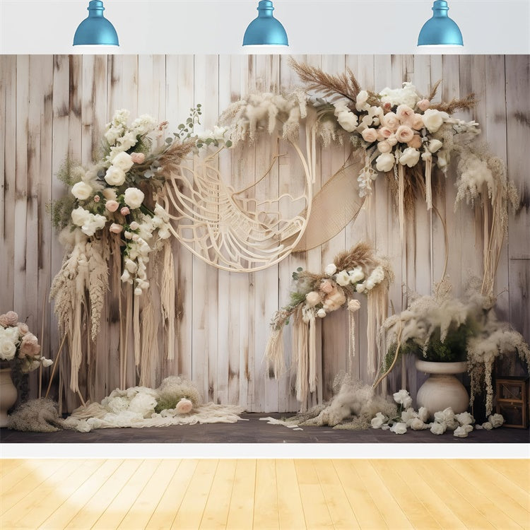 Boho Fotohintergrund Rustikaler Blumenbogen aus Holz Hintergrund GQ2-4
