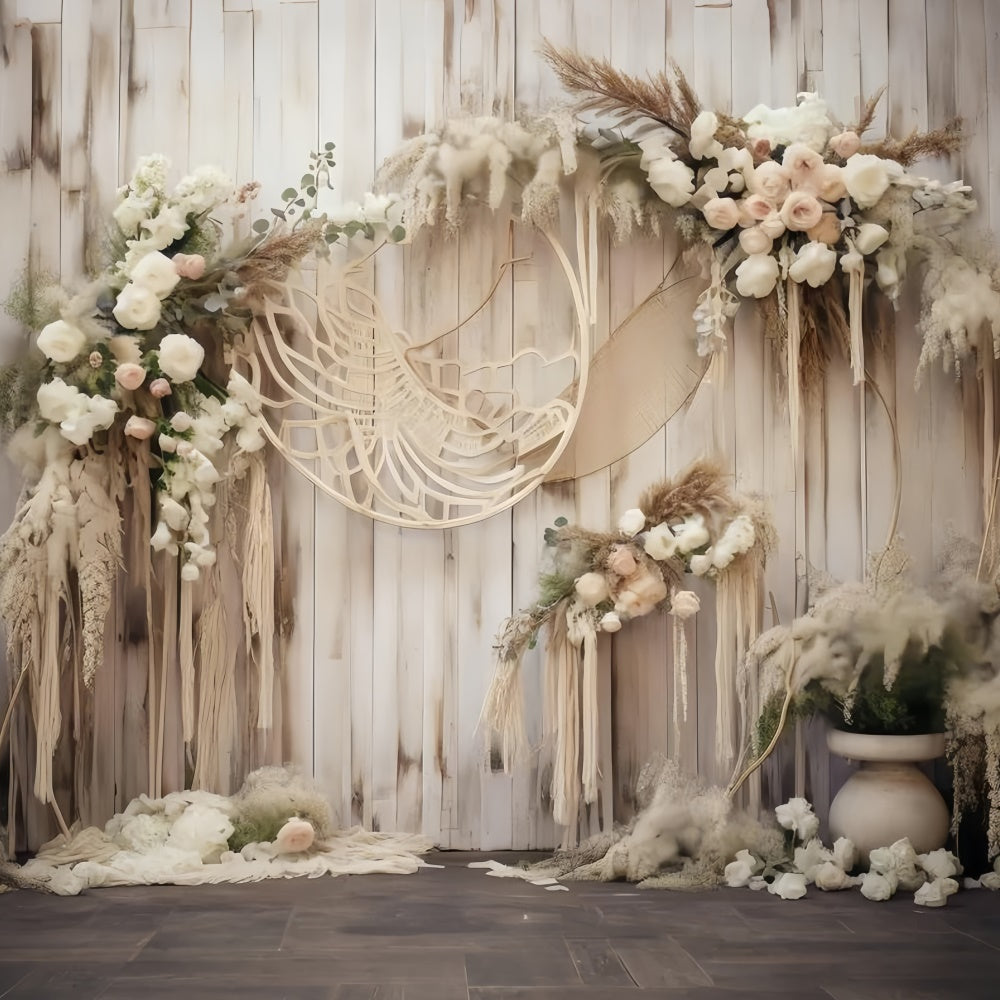 Boho Fotohintergrund Rustikaler Blumenbogen aus Holz Hintergrund GQ2-4