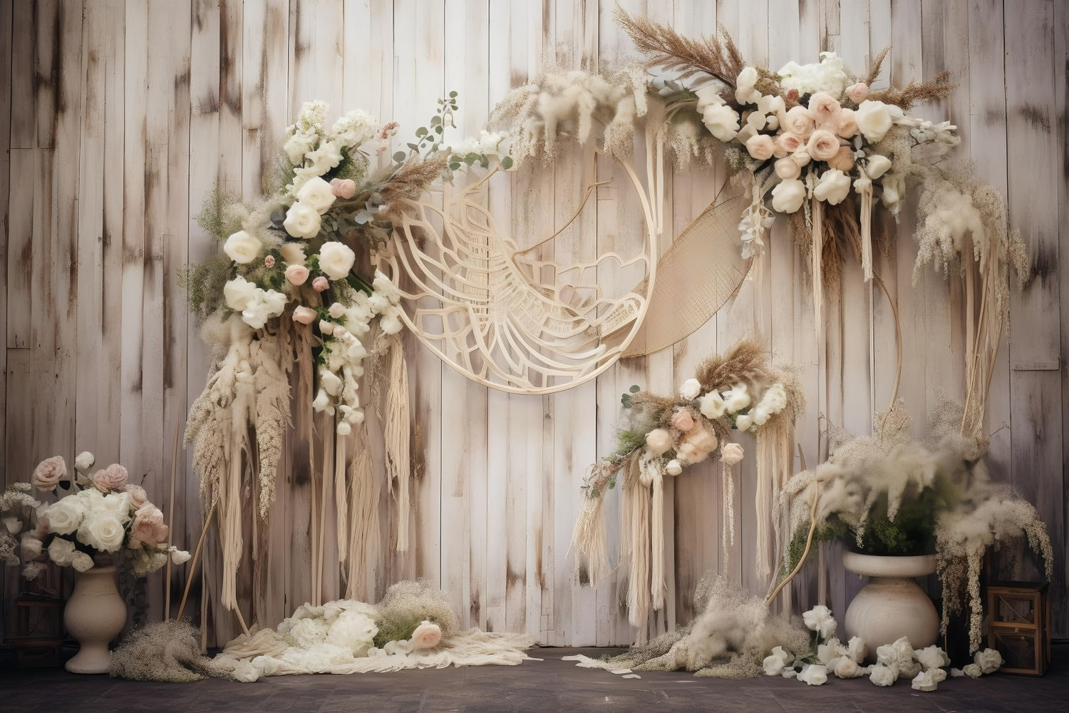 Boho Fotohintergrund Rustikaler Blumenbogen aus Holz Hintergrund GQ2-4