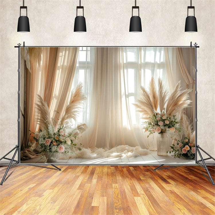 Boho-Fotohintergrund Pampas Florale Akzente Vorhänge Hintergrund GQ2-43