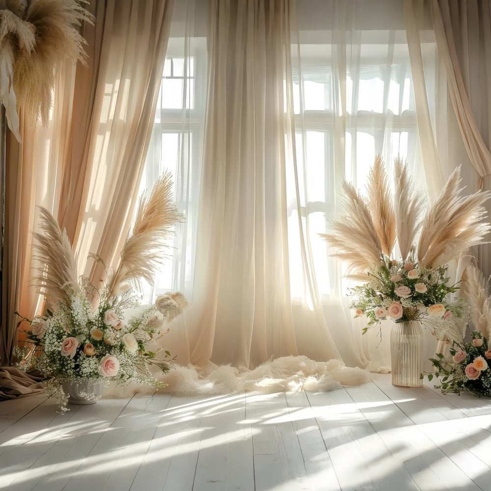 Boho-Fotohintergrund Pampas Florale Akzente Vorhänge Hintergrund GQ2-43