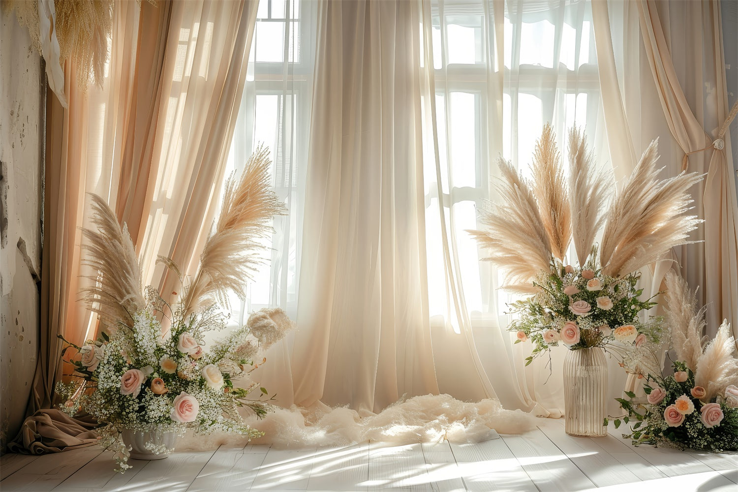 Boho-Fotohintergrund Pampas Florale Akzente Vorhänge Hintergrund GQ2-43