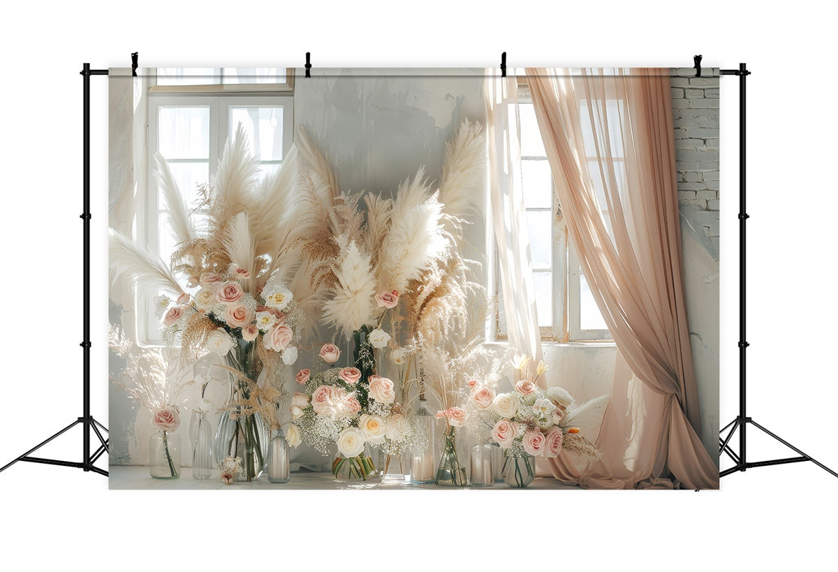 Boho Backdrop Ideen Floral Pampas Vorhang Fenster Hintergrund GQ2-45