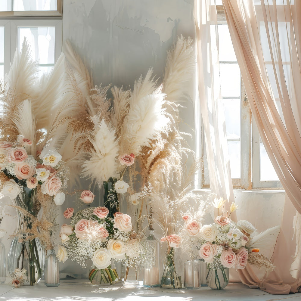 Boho Backdrop Ideen Floral Pampas Vorhang Fenster Hintergrund GQ2-45