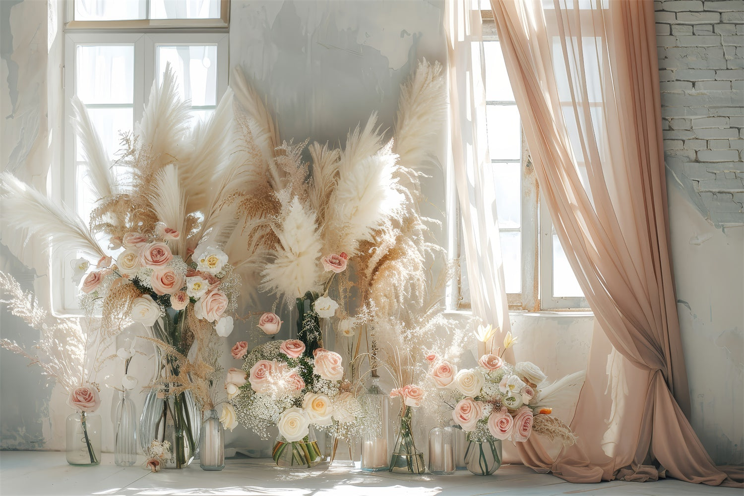 Boho Backdrop Ideen Floral Pampas Vorhang Fenster Hintergrund GQ2-45