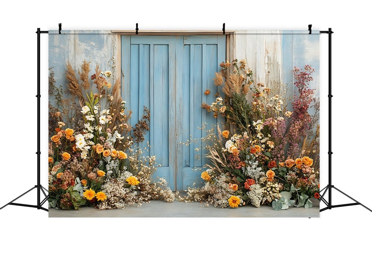 Boho Fotografie Backdrop Blaue Tür Blumenarrangement Backdrop GQ2-59