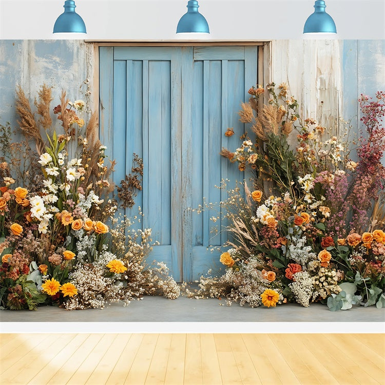 Boho Fotografie Backdrop Blaue Tür Blumenarrangement Backdrop GQ2-59