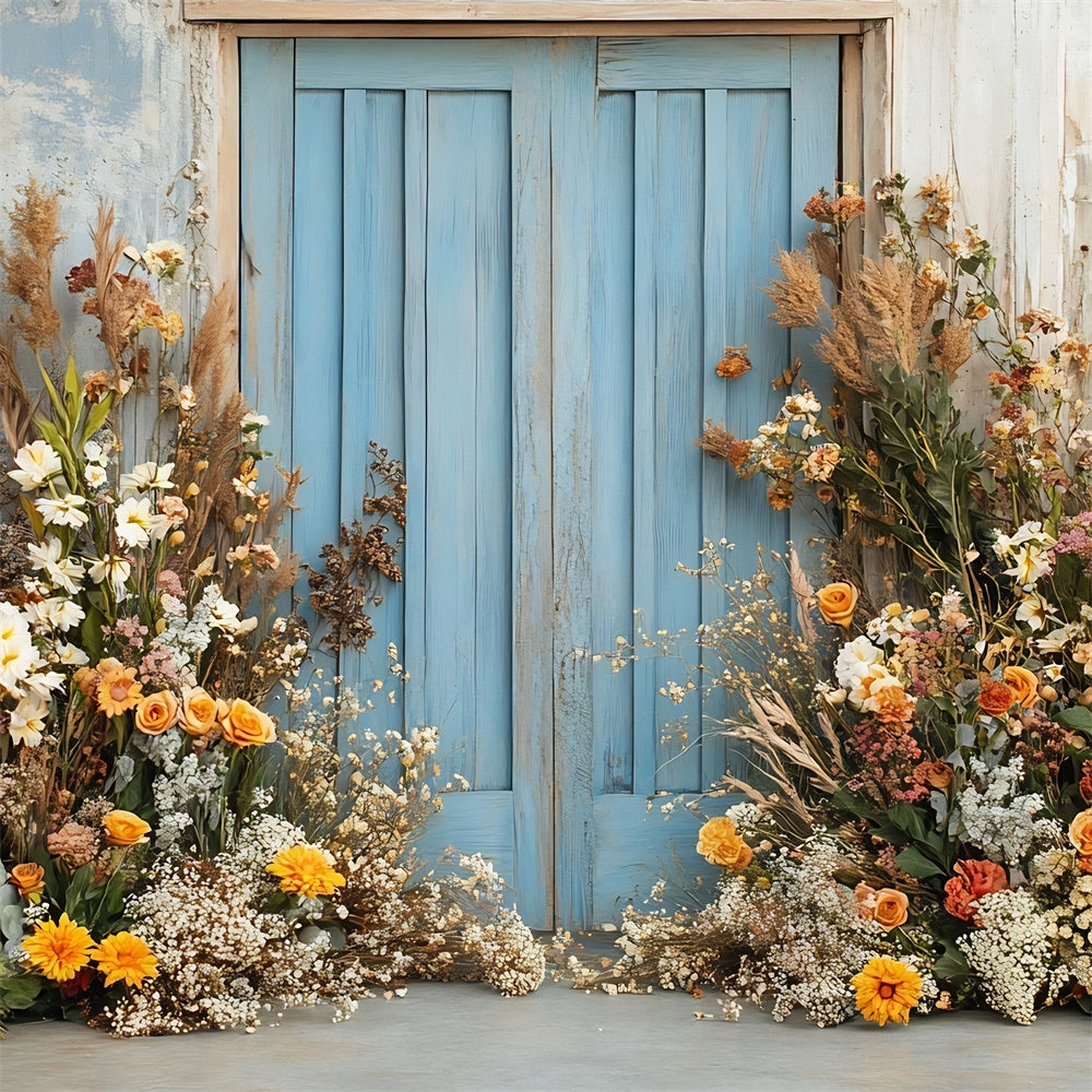 Boho Fotografie Backdrop Blaue Tür Blumenarrangement Backdrop GQ2-59
