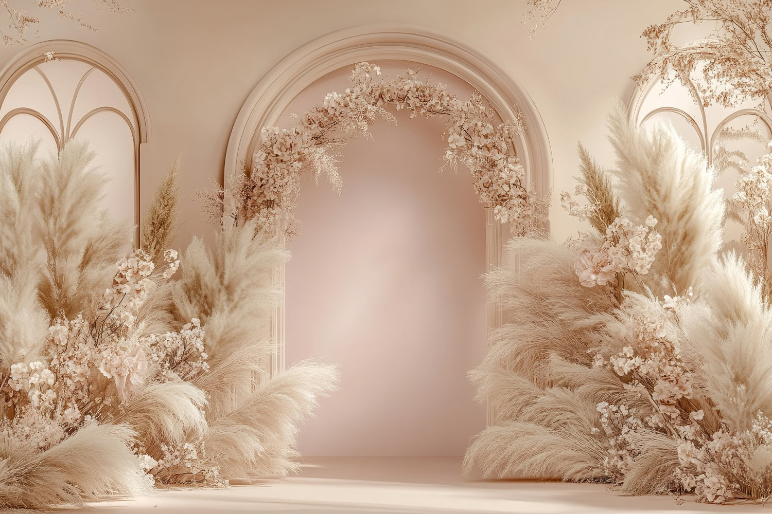 Boho Bogen Hintergrundkulisse Blush Blumen Pampasgras Arrangement Hintergrundkulisse GQ2-61