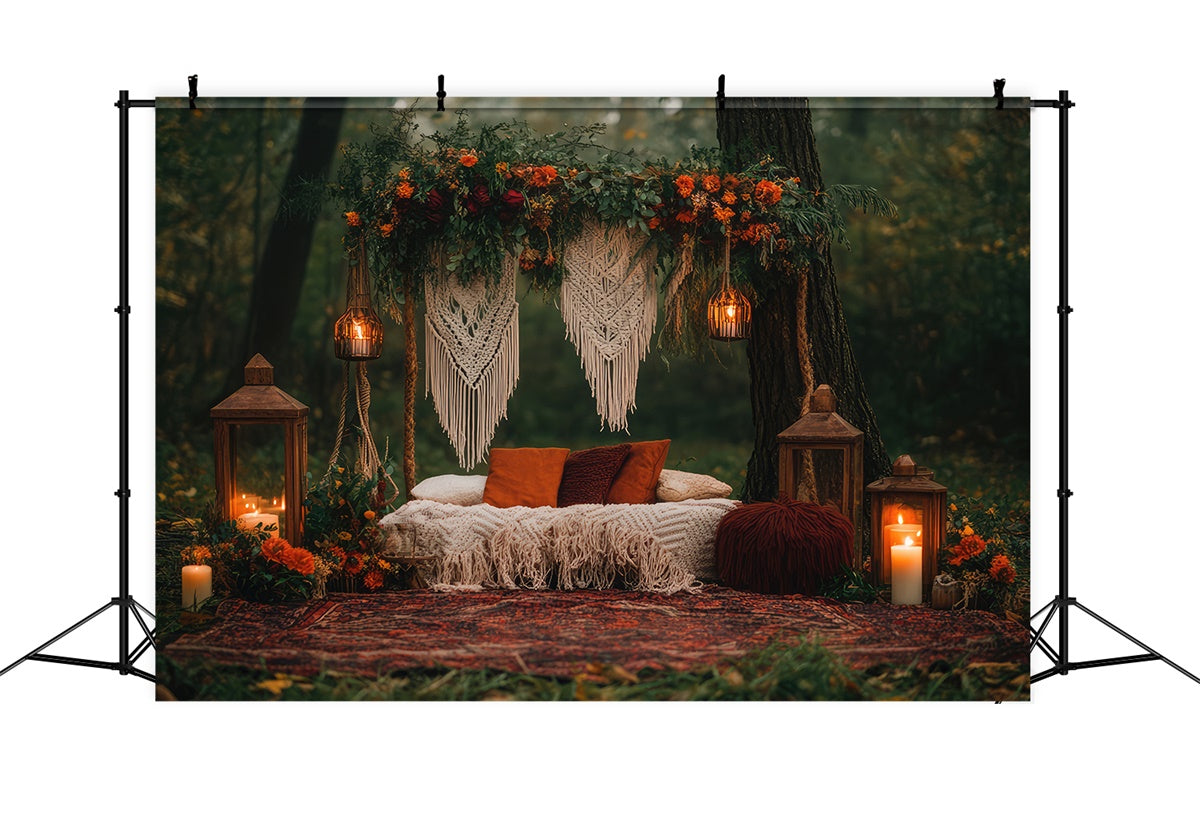 Boho Fotografie Hintergrund Wald Rückzug Makramee Laternen Hintergrund GQ2-71