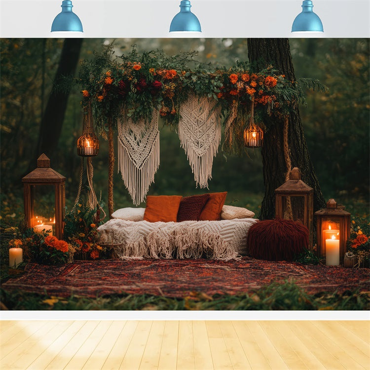 Boho Fotografie Hintergrund Wald Rückzug Makramee Laternen Hintergrund GQ2-71