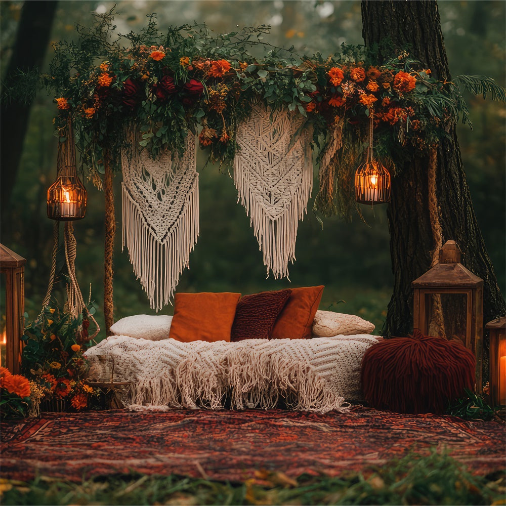 Boho Fotografie Hintergrund Wald Rückzug Makramee Laternen Hintergrund GQ2-71