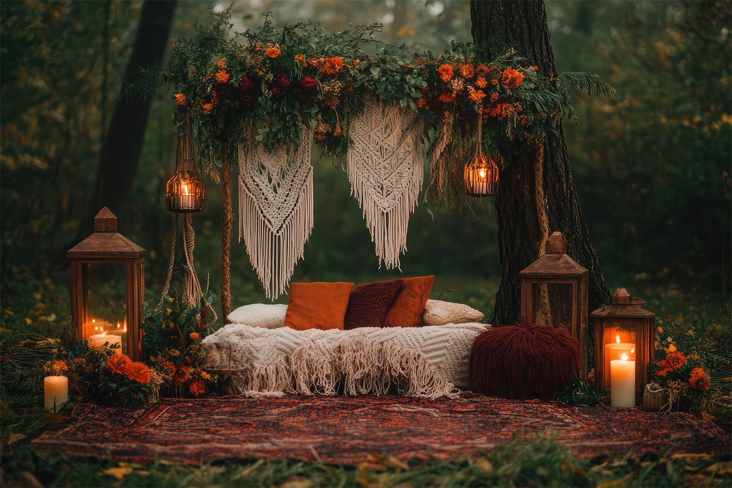 Boho Fotografie Hintergrund Wald Rückzug Makramee Laternen Hintergrund GQ2-71