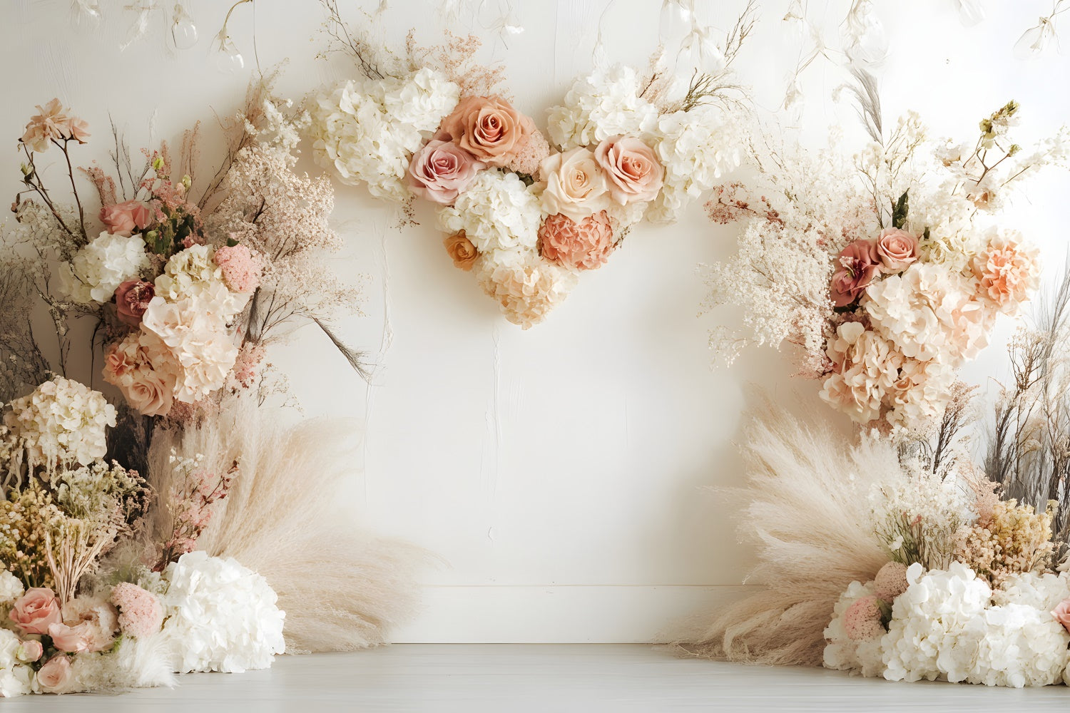 Boho Fotohintergrund Herzförmiges Blumenarrangement Hintergrund GQ2-73