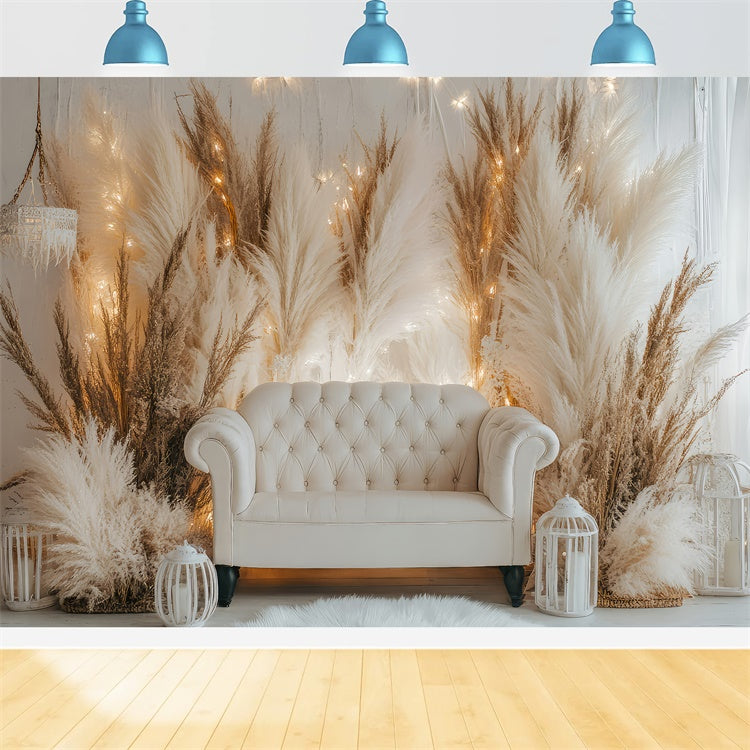Boho Backdrops Weißes Sofa Pampas Lichter Hintergrund GQ2-79