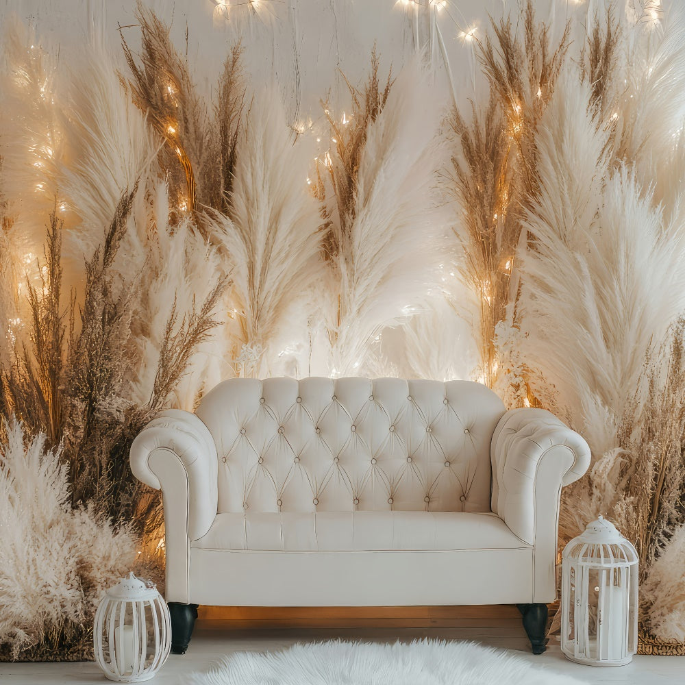 Boho Backdrops Weißes Sofa Pampas Lichter Hintergrund GQ2-79