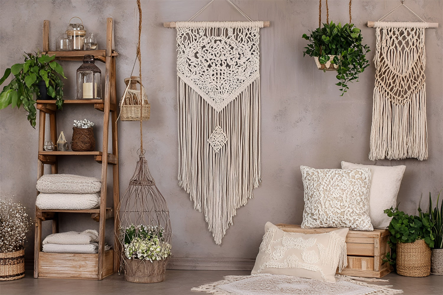 Boho Fotokulisse Makramee Wand Grüne Pflanzen Kulisse GQ2-83