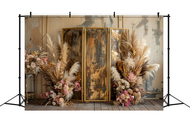 Boho-Fotohintergrund Goldener Rahmen Rosa Blumenhintergrund GQ2-9