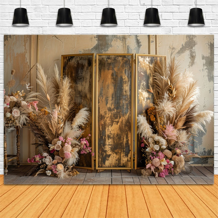 Boho-Fotohintergrund Goldener Rahmen Rosa Blumenhintergrund GQ2-9