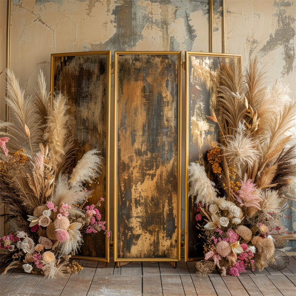 Boho-Fotohintergrund Goldener Rahmen Rosa Blumenhintergrund GQ2-9