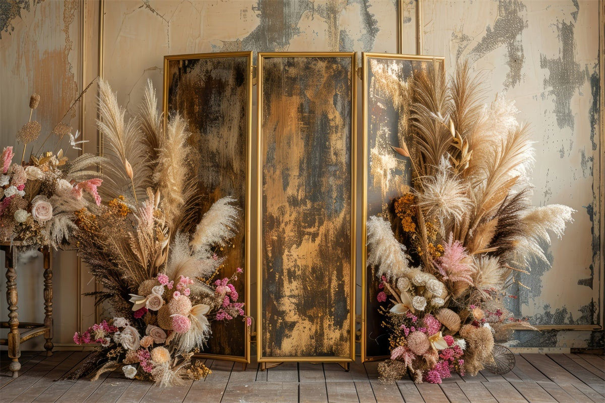 Boho-Fotohintergrund Goldener Rahmen Rosa Blumenhintergrund GQ2-9