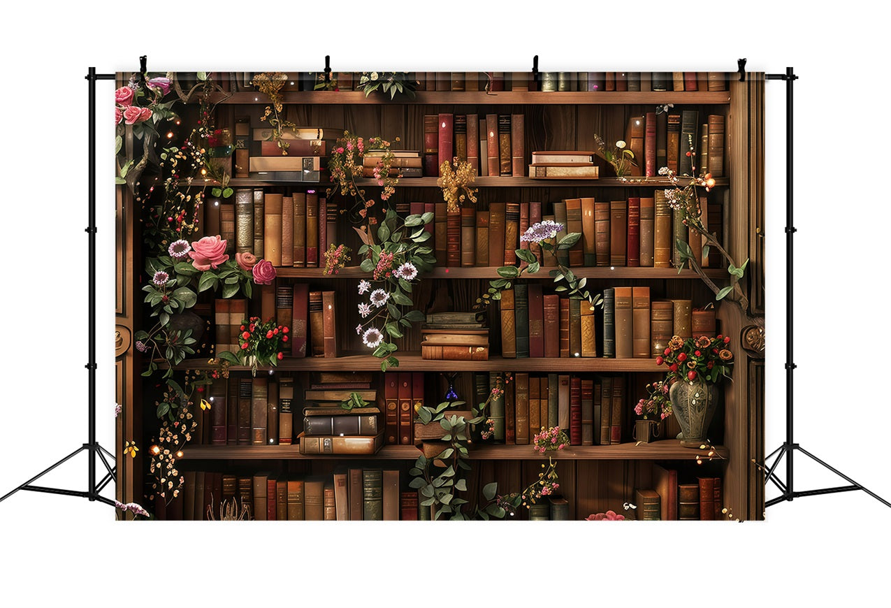 Back To School Fotohintergrund Bibliothek Floral Bücherregal Hintergrund GQ3-122